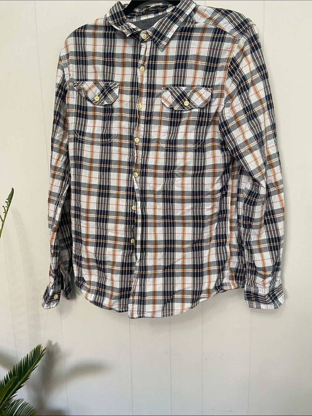 Classic Plaid Button-Down Shirt in White, Navy & Brown